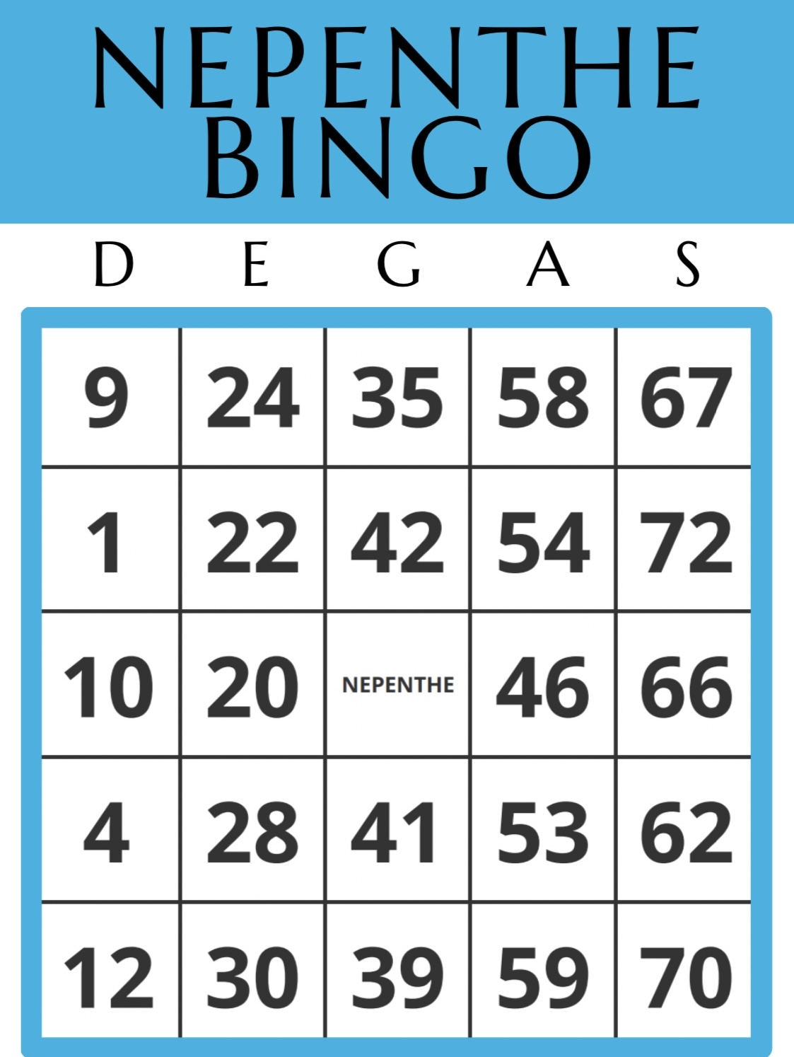 Nepenthe bingo card for the Bingo event