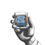 Hand-drawn whiskey glass featuring UNC Men’s Rugby logo