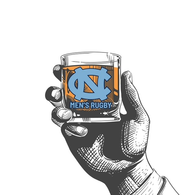 Hand-drawn whiskey glass featuring UNC Men’s Rugby logo