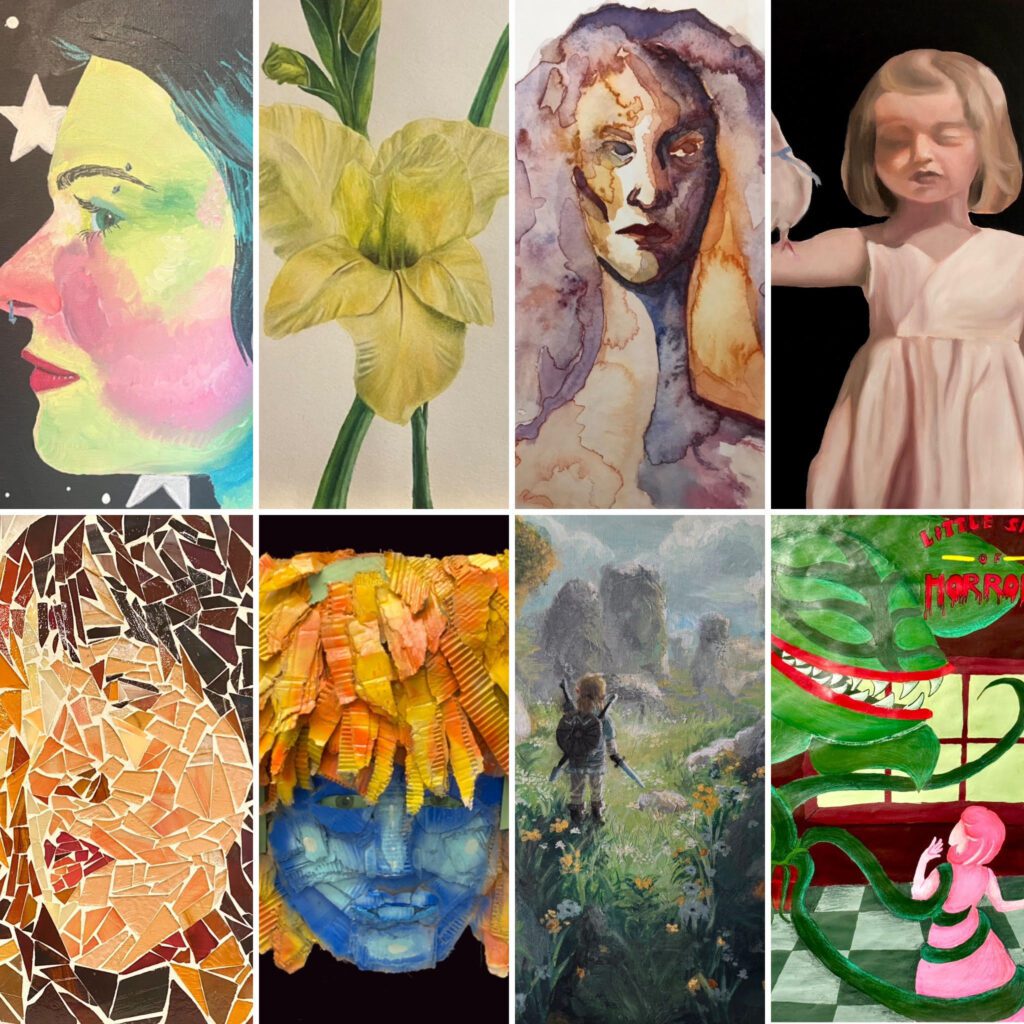 Selection of student-submitted artworks including portraiture and experimental styles