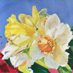 Yellow and Orange Daffodil with an Azalea by KATE CALLERY