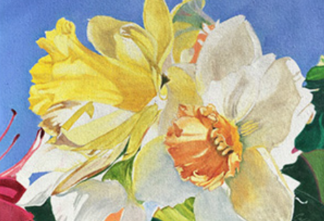 Yellow and Orange Daffodil with an Azalea by KATE CALLERY