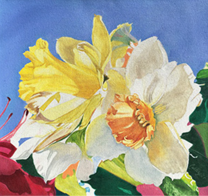 Yellow and Orange Daffodil with an Azalea by KATE CALLERY